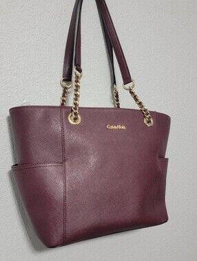 Calvin Klein Wine Leather Tote with Gold Chain Accents